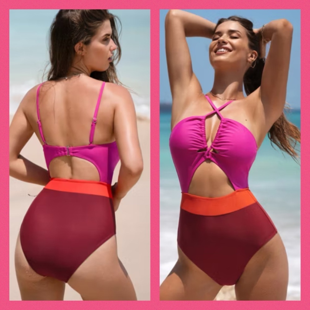 Pink with red bottoms one piece swimsuit. 4 - Picture 2 of 6